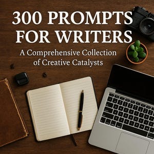 May include: Overhead shot of a workspace with a notebook, pen, laptop, camera, and small potted plant. The text reads "300 PROMPTS FOR WRITERS" and "A Comprehensive Collection of Creative Catalysts" on a wooden surface.