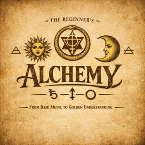 May include: A vintage-style illustration with the word "ALCHEMY" in a decorative font. The image features alchemical symbols, including a sun, moon, and ouroboros, with text that reads "The Beginner's" and "From Base Metal to Golden Understanding."