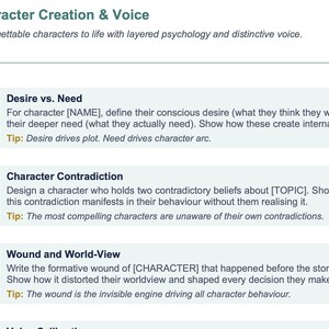 Peut inclure: Image pr&eacute;sentant des conseils pour la cr&eacute;ation de personnages et la voix. Les sujets incluent le d&eacute;sir contre le besoin, la contradiction des personnages et la vision du monde. Le design est blanc et bleu.