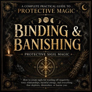 以下が含まれることがあります： A COMPLETE PRACTICAL GUIDE TO PROTECTIVE MAGIC BINDING & BANISHING PROTECTIVE SIGIL MAGICというタイトルの黒いブックカバー。金色の文字、中央のシジル、月の満ち欠け、火のついた黒いキャンドル、乾燥ハーブの束がデザインされています。