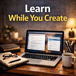 Peut inclure: Un ordinateur portable affichant des documents est pos&eacute; sur un bureau en bois, &agrave; c&ocirc;t&eacute; d'un carnet, d'un stylo et de lunettes. Une tasse de caf&eacute; et un porte-stylos sont &eacute;galement pr&eacute;sents. Le texte "Learn While You Create" est affich&eacute; en haut de l'image.