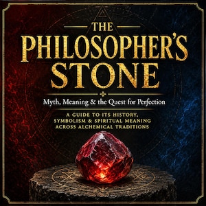 Könnte beinhalten: Ein Buchcover mit dem Titel The Philosopher's Stone: Myth, Meaning & the Quest for Perfection, A Guide to its History, Symbolism & Spiritual Meaning Across Alchemical Traditions, das einen leuchtenden roten Edelstein auf einem dunklen Steinsockel zeigt.