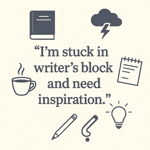 May include: Illustration with text: "I'm stuck in writer's block and need inspiration." Features icons of a book, cloud with lightning, notepad, coffee cup, pencil, question mark, and lightbulb. The background is a light cream colour.
