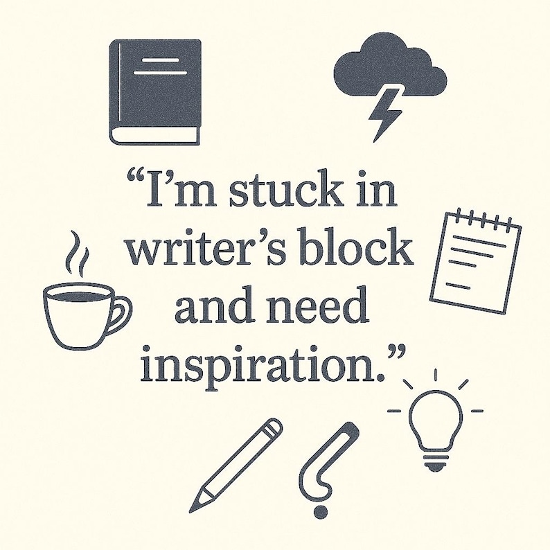 May include: Illustration with text: "I'm stuck in writer's block and need inspiration." Features icons of a book, cloud with lightning, notepad, coffee cup, pencil, question mark, and lightbulb. The background is a light cream colour.