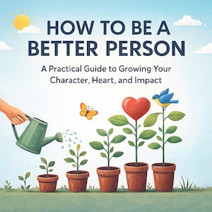 May include: A book cover illustration with the title "HOW TO BE A BETTER PERSON". The image depicts a hand watering plants in pots, alongside a butterfly, a heart, and a bird. The subtitle reads "A Practical Guide to Growing Your Character, Heart, and Impact".