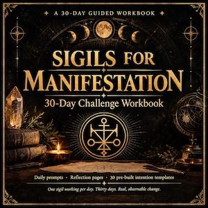 May include: A 30-day guided workbook titled Sigils for Manifestation 30-Day Challenge Workbook. The cover features gold text, a central sigil, moon phases, a crystal, stacked books, a lit candle, and a globe. Text includes Daily prompts, Reflection pages, 30 pre-built intention templates, and One sigil working per day. Thirty days. Real, observable change.
