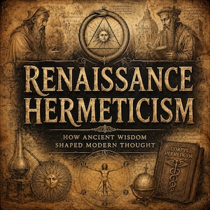 Może przedstawiać: Okładka książki z tytułem RENAISSANCE HERMETICISM HOW ANCIENT WISDOM SHAPED MODERN THOUGHT. Projekt w odcieniach sepii zawiera ilustracje dwóch brodatych mężczyzn, Ouroborosa ze słońcem, człowieka witruwiańskiego, szklanej kolby oraz książki CORPVS HERMETICVM.