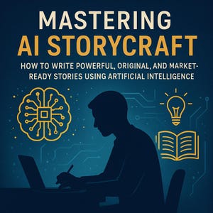 Op de afbeelding: Boekomslag met de titel "MASTERING AI STORYCRAFT" in witte en gele letters. De afbeelding toont een silhouet van een persoon die op een laptop werkt, met illustraties van een hersen, een gloeilamp en een open boek.