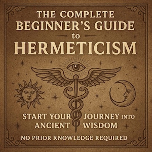 Può includere: Una copertina di libro in stile vintage con il titolo "THE COMPLETE BEGINNER'S GUIDE to HERMETICISM". La copertina presenta un'illustrazione di un caduceo con un occhio onniveggente, un sole e una luna. Il testo recita "START YOUR JOURNEY INTO ANCIENT WISDOM" e "NO PRIOR KNOWLEDGE REQUIRED."