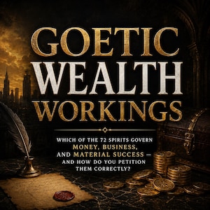 Könnte beinhalten: Ein Buchcover mit dem Titel GOETIC WEALTH WORKINGS und dem Untertitel WHICH OF THE 72 SPIRITS GOVERN MONEY, BUSINESS, AND MATERIAL SUCCESS — AND HOW DO YOU PETITION THEM CORRECTLY? Das Bild zeigt eine Feder, ein Pergament und Goldmünzen.