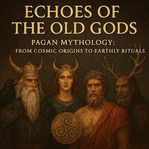 May include: An illustration with the text "Echoes of the Old Gods" and "Pagan Mythology: From Cosmic Origins to Earthly Rituals." The image depicts four figures with horned headwear and beards, with a raven on the shoulder of one.