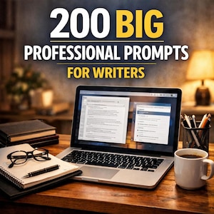 May include: A laptop displaying writing prompts sits on a wooden desk, alongside a coffee mug, notepad, and books. The text at the top reads "200 BIG PROFESSIONAL PROMPTS FOR WRITERS."