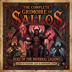 May include: A rectangular book cover titled The Complete Grimoire of Sallos, Duke of the Infernal Legions, Lord of Passion, Lust & Enduring Love. It features a central red horned demon on a throne, flanked by smaller demons and a crocodile.