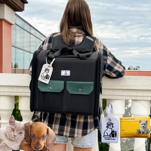 May include: Black pet carrier with green pockets and a white tag. The tag features a cat wearing a hat and the text "TailonTrail". The carrier is being worn as a backpack. A cat and a dachshund puppy are in the foreground.