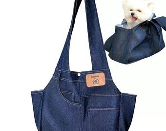 Custom Name Dog Travel Carrier, Denim Kitty Tote Bag, Small Dog Tote, Cat Carry Bag,Escape Proof Light Purse Carrier, First Mothers Day Gift