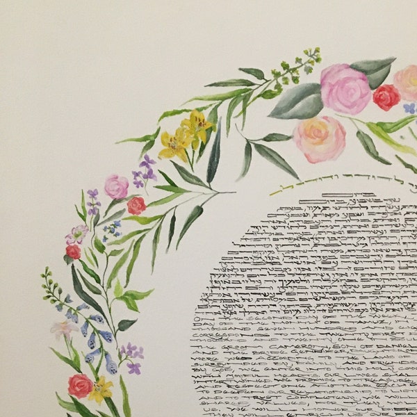 hand painted ketubah with Roses, Foxglove, Bluebells, and Lily