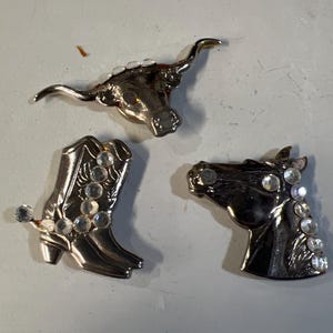 Vintage Western Button Covers Cowboy Boots Longhorn Horse Head Rhinestone Silver Tone Set