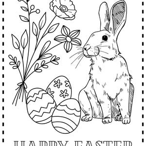 Peut inclure: Une illustration en noir et blanc d'un lapin assis à côté de trois œufs de Pâques. Le lapin regarde vers la gauche et a de longues oreilles. Les œufs sont décorés de motifs différents. Le texte "HAPPY EASTER" est écrit sous l'image.