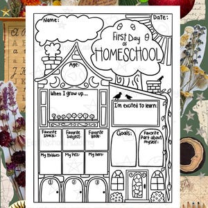 May include: A black and white printable worksheet titled First Day of HOMESCHOOL featuring a house illustration with blank fields for name, date, age, when I grow up, favorite snack, subject, book, hobbies, pets, hero, goals, and favorite part about myself.