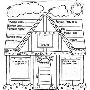 May include: A black and white printable worksheet titled IT'S MY FIRST DAY OF HOMESCHOOL. The page features a house-shaped template with blank lines for personal details like name, birthday, favorite subjects, snacks, hobbies, and future goals.