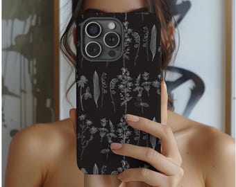 Minimalist Floral iPhone Case: Black & White Botanical Line Art, Chalkboard Style