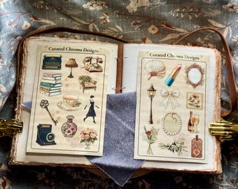 Fogli di adesivi dall'estetica vintage, eleganti adesivi per diario e scrapbooking.