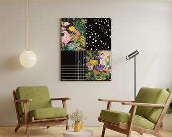 Botanical Patchwork Canvas Print: Abstract Floral Polka Dot Wall Art