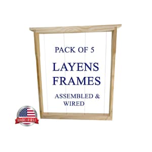 May include: A pack of five assembled and wired Layens frames made of light-colored wood. The frames have thin, vertical wires strung across them. Text on the image reads "Pack of 5 Layens Frames Assembled & Wired" and "Made in USA".