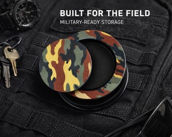 Pocket Vault Snus Holder Camo Edition - Dual Chamber Metal Storage Case, EDC Tin, Woodland Camo, Military Tactical Carry, Small Pocket Tin