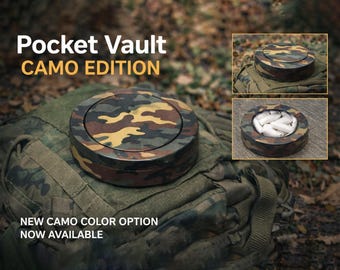 Pocket Vault Camo Edition - Dual Chamber Metal Storage Case, EDC Tin, Woodland Camo, Military Tactical Carry, Small Pocket Tin, Gift for Him