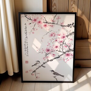 Kirschblüten-Wandbild, asiatischer Tuschedruck, Vogel- und Blumenmotiv, minimalistische japanische Dekoration Bild 4