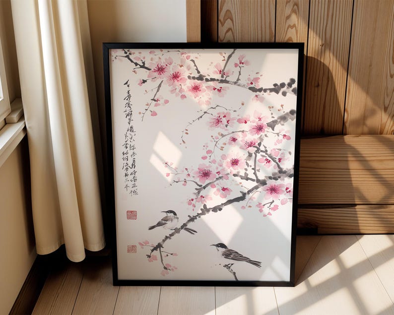 Kirschblüten-Wandbild, asiatischer Tuschedruck, Vogel- und Blumenmotiv, minimalistische japanische Dekoration Bild 4