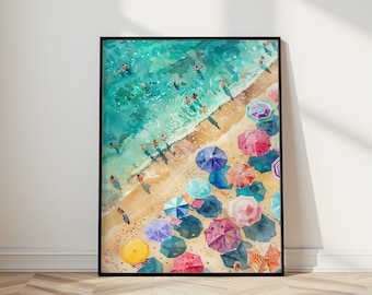 Sonnenschirm Wandkunst, Küsten Aquarell Druck, Sommer Strand Dekor, Ozean Kunstwerk, Küsten Wandkunst