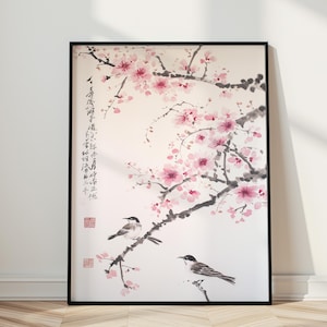 Kirschblüten-Wandbild, asiatischer Tuschedruck, Vogel- und Blumenmotiv, minimalistische japanische Dekoration Bild 1