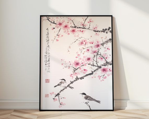 Cherry Blossom Wall Art, Asian Ink Painting Print, Bird and Flower Artwork, Minimalist Japanese Decor