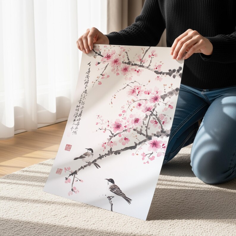 Kirschblüten-Wandbild, asiatischer Tuschedruck, Vogel- und Blumenmotiv, minimalistische japanische Dekoration Bild 7