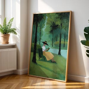 Woman Reading in Park Wall Art, Impressionist Landscape Print, Quiet Luxury Decor, Book Lover Artwork, Serene Nature Wall Art image 2
