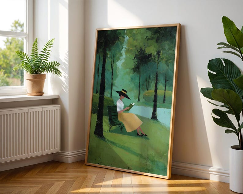 Woman Reading in Park Wall Art, Impressionist Landscape Print, Quiet Luxury Decor, Book Lover Artwork, Serene Nature Wall Art image 2