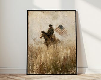 Patriotic Cowboy American Flag Poster - Vintage Western Wall Art Decor - Rustic Horse Painting Print