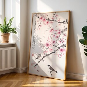 Kirschblüten-Wandbild, asiatischer Tuschedruck, Vogel- und Blumenmotiv, minimalistische japanische Dekoration Bild 10