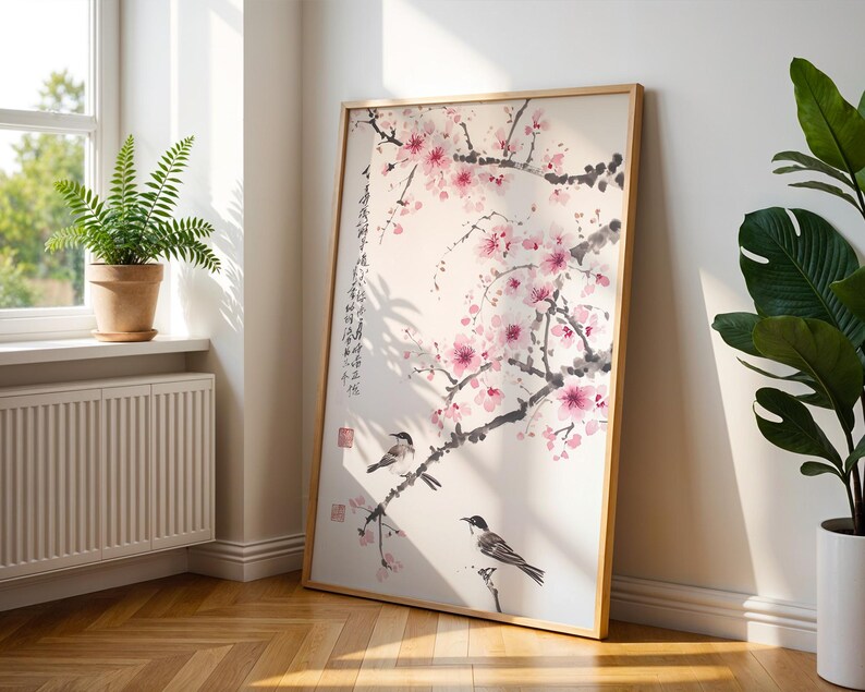 Kirschblüten-Wandbild, asiatischer Tuschedruck, Vogel- und Blumenmotiv, minimalistische japanische Dekoration Bild 10