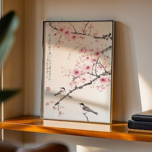 Kirschblüten-Wandbild, asiatischer Tuschedruck, Vogel- und Blumenmotiv, minimalistische japanische Dekoration Bild 2