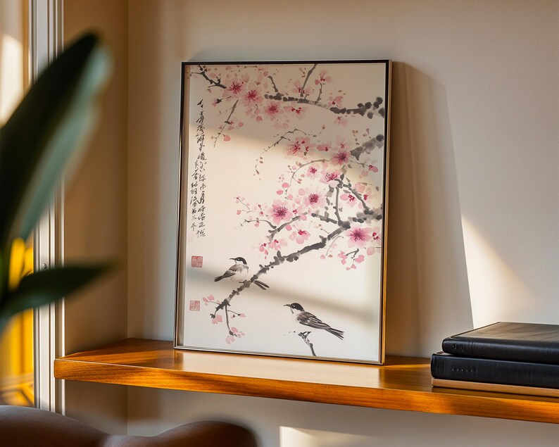 Kirschblüten-Wandbild, asiatischer Tuschedruck, Vogel- und Blumenmotiv, minimalistische japanische Dekoration Bild 2