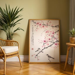 Kirschblüten-Wandbild, asiatischer Tuschedruck, Vogel- und Blumenmotiv, minimalistische japanische Dekoration Bild 8