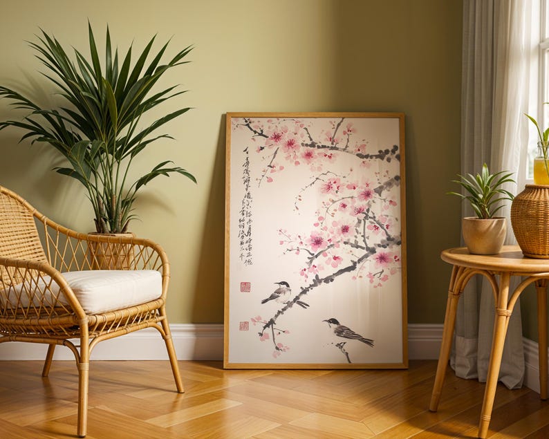 Kirschblüten-Wandbild, asiatischer Tuschedruck, Vogel- und Blumenmotiv, minimalistische japanische Dekoration Bild 8
