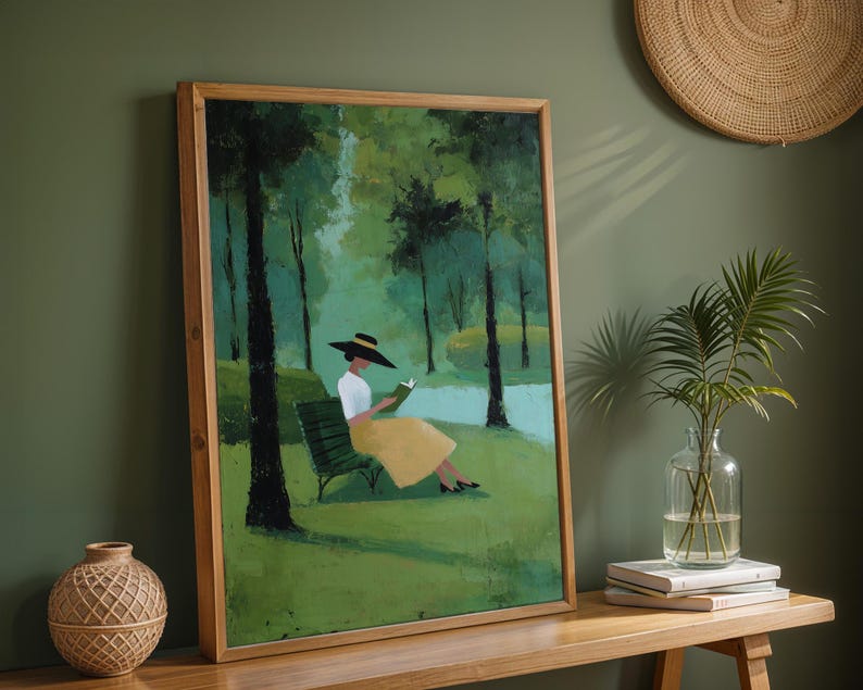 Woman Reading in Park Wall Art, Impressionist Landscape Print, Quiet Luxury Decor, Book Lover Artwork, Serene Nature Wall Art image 8