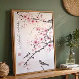 Kirschblüten-Wandbild, asiatischer Tuschedruck, Vogel- und Blumenmotiv, minimalistische japanische Dekoration Bild 6