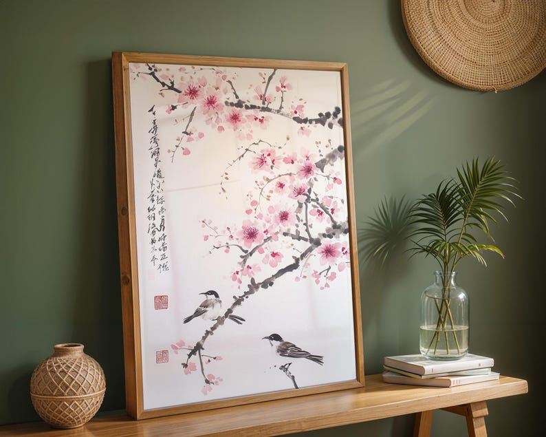Kirschblüten-Wandbild, asiatischer Tuschedruck, Vogel- und Blumenmotiv, minimalistische japanische Dekoration Bild 6