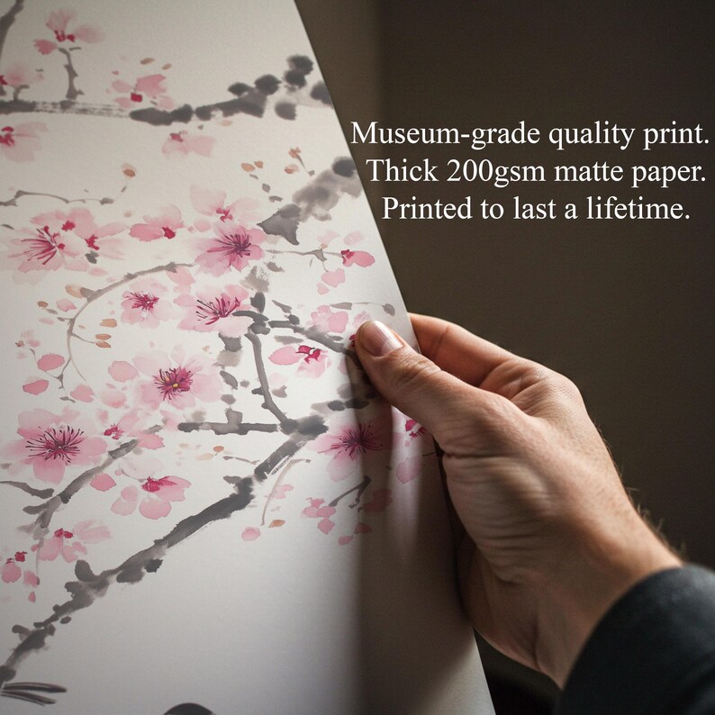 Kirschblüten-Wandbild, asiatischer Tuschedruck, Vogel- und Blumenmotiv, minimalistische japanische Dekoration Bild 3