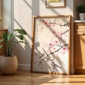 Kirschblüten-Wandbild, asiatischer Tuschedruck, Vogel- und Blumenmotiv, minimalistische japanische Dekoration Bild 9